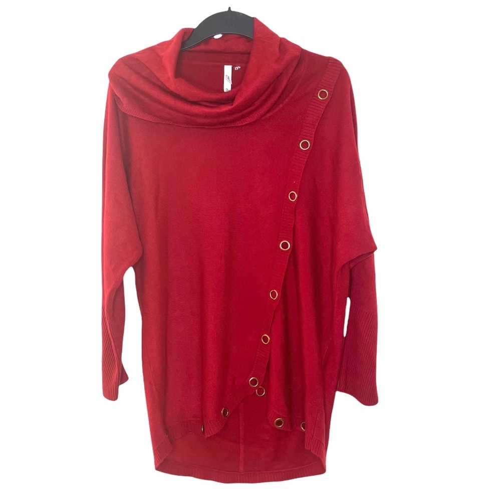 NY Collection Cowl Neck Pullover Top Red with Gold Accent Rings Large